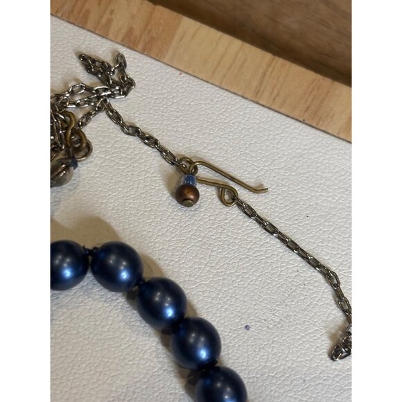Vintage Blue Faux Pearl Necklace With Rhinestone Accents & Adjustable Hook Clasp - Picture 5 of 10